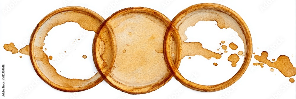 Poster abstract coffee cup rings stains on white background creating unique shapes and patterns