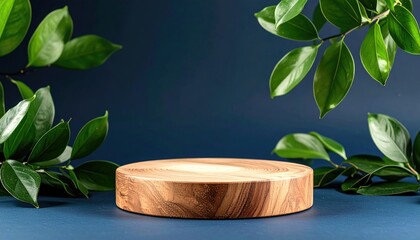 Round wooden pedestal sits on a blue surface, framed by vibrant green leaves against a dark blue backdrop, creating a natural, minimalist display