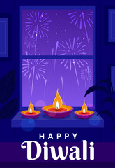 Happy Diwali Poster with Diya Lamp Vector Illustration. Indian festival of lights Design. Suitable for Greeting Card, Banner, Flyer, Template.