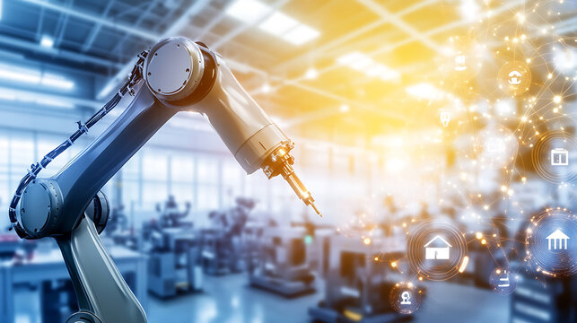 Robotic Arm in a Modern Factory with Smart Technology Icons