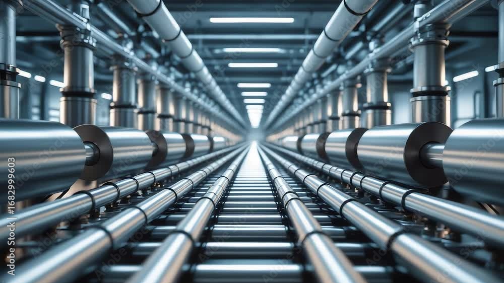 Aufkleber symmetrical perspective of industrial metal pipelines extending into distance with polished steel su