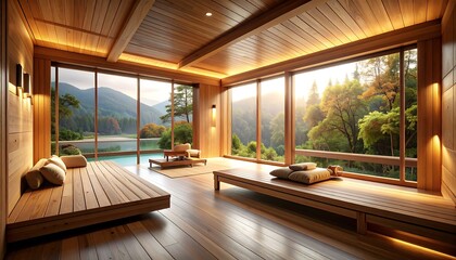 Fototapeta premium Tranquil wooden interior with mountain view