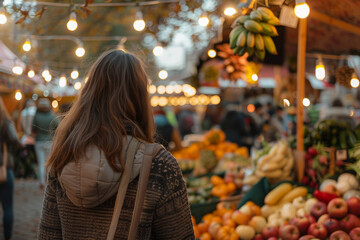 Seasonal autumn fair market with bright warm autumn colors, people crowd shopping having fun, Generative AI