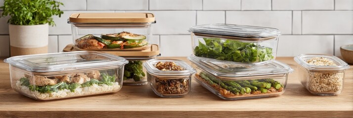 Colorful glass containers filled with healthy meal preps are neatly arranged on a wooden countertop in a kitchen.
