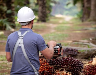 Cutting Down Palm Fruit Worker Harvesting with Motorized Cutter