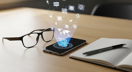 Illustration of smartphone displaying a global network with communication icons emanating from it