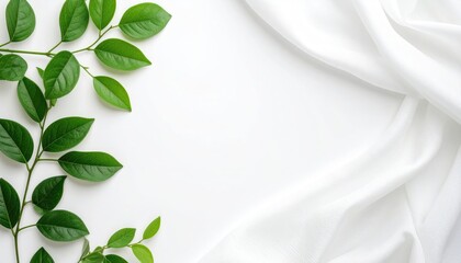 Lush green leafy branches contrast with soft white fabric draped on a white background. A natural, fresh aesthetic