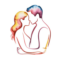 Romantic watercolor embrace of lovers, a tender moment of connection