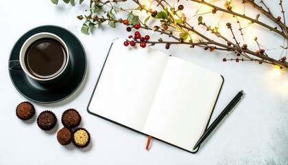 Overhead view of a cozy flatlay open notebook, black coffee, truffles, leafy branches with berries, and string lights on a white surface