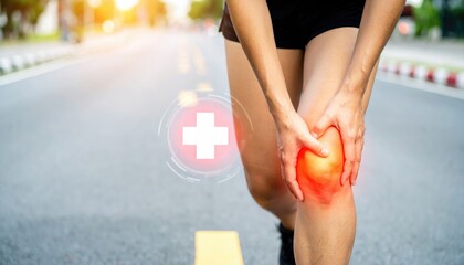 A woman in athletic clothing on a street, clutches a red, glowing knee. A white plus sign hovers near her knee