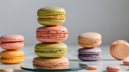 Colorful Macaron Tower – Pastel macarons stacked in pyramid style on a glass stand, clean white background for ads and branding 3