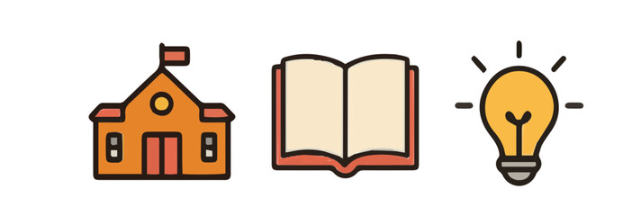 Concept icons: school, open book, and lightbulb.