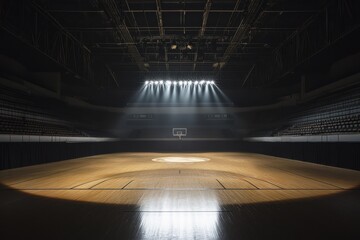 Empty basketball arena bathed in dramatic spotlight illumination, highlighting the polished wooden floor.