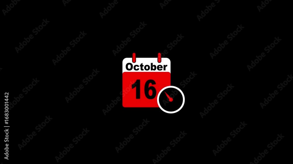 Fototapete 16 october month calendar with time symbol. digital simple calendar icon animation and date change o