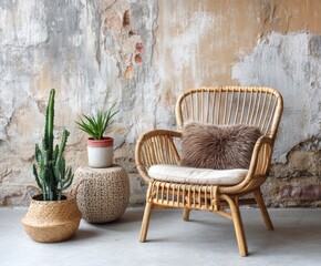A charming wicker armchair, accented by natural textures and earthy tones, sits beside decorative planters against a textured stone wall.