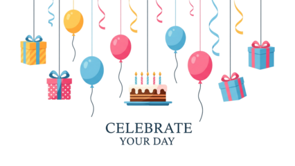 Celebrate Your Day – Chocolate Cake with Balloons, Gifts, and Streamers