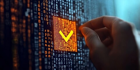Digital Approval Concept Man s Hand Touching Screen with Code, Symbolizing System Validation
