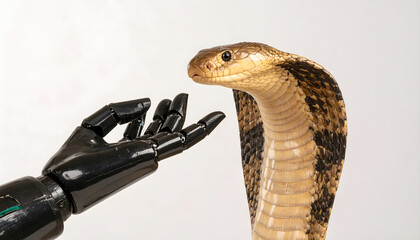 Fototapeta premium Photorealistic Cobra Body Coiling Around Robotic Hand in Symbolic Handshake, Future of Nature and Technology Isolated White