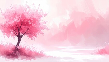 Impressionistic pink cherry blossom tree beside a body of water with blurred pink mountains in the distance
