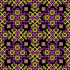 seamless geometric pattern
A seamless pixel-art pattern inspired by traditional folk embroidery, featuring concentric square motifs, circular floral-like arrangements, and symmetrical branch-like 