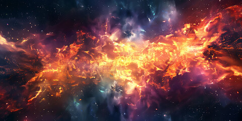 Fiery orange nebula across dark starry cosmos with swirling purple blue accents dramatic ethereal expansive scene