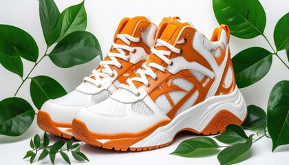 High-top sneakers, white with orange trim, sit amidst vibrant green foliage against a clean white background, giving a fresh, natural feel