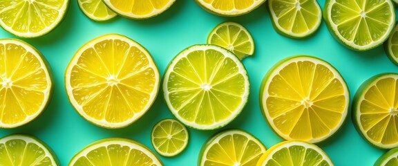 Fototapeta premium Vibrant lime slices pattern on bright background, ripe, lime slices