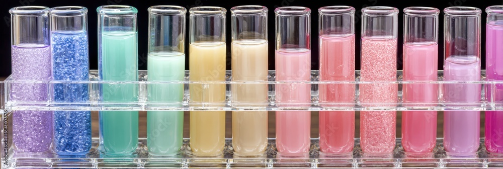 Poster colorful liquids in test tubes are neatly arranged on a transparent rack in a laboratory, highlighti