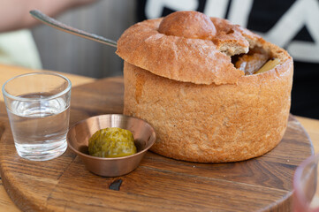 Delicious Traditional Soup Served in Artisan Bread Bowl