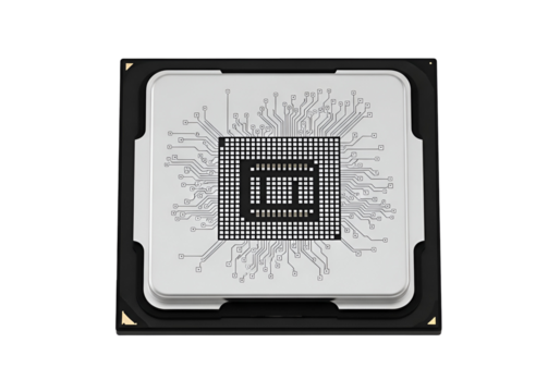 High-resolution close-up of a complex computer processor chip, showcasing intricate circuit patterns and a detailed design.