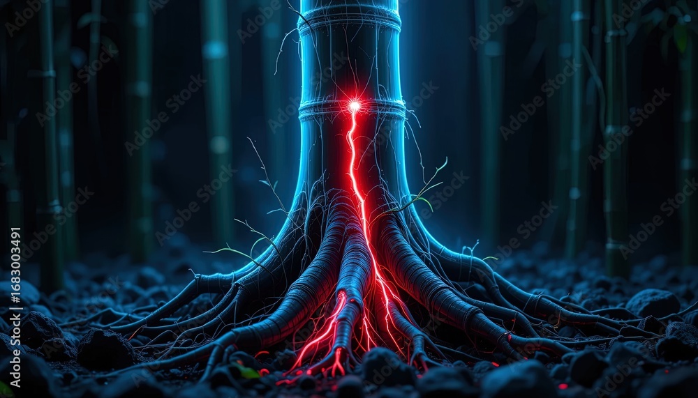 Poster a vibrant, glowing bamboo tree trunk and roots illuminated by vibrant blue and red light, creating a