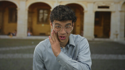 Naklejka premium Young hispanic man in glasses cups hand to mouth in front of old stone building under daylight; joy secret.