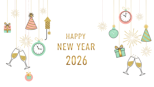 Pastel New Year 2026 Celebration with Hanging Party Icons