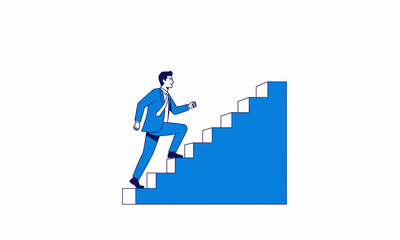 Ambitious Businessman Ascending Blue Staircase, Illustrative Style.