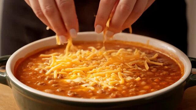 Adding Shredded Cheese to Hot Bowl of Chili With Beans and Meat in the Kitchen