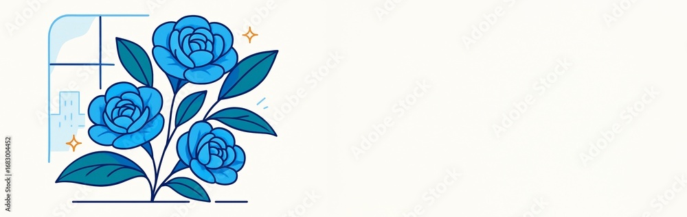 Poster blue floral illustration with window and empty copy space for banner or poster concept on light back