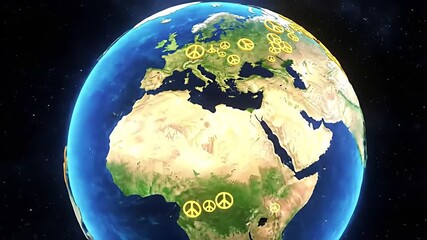 Planet Earth viewed from space with yellow peace symbols scattered across Europe and Africa, representing a call for global harmony. - Powered by Adobe