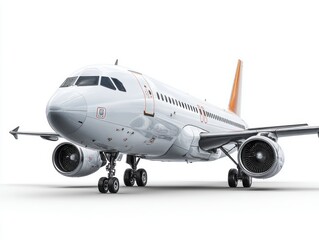 Fototapeta premium A modern passenger jet, rendered in a pristine white with accents of orange, stands ready for takeoff against a plain white background.
