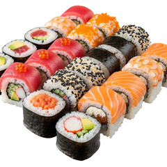 Delicious sushi rolls assortment with tuna, salmon, avocado and shrimp for food lovers