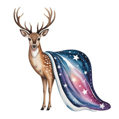 Stunning watercolor deer wearing a starry night cape, elegant fantasy artwork