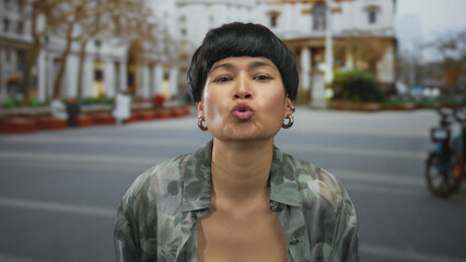 Chinese woman smiling and sending a kiss while pointing to the camera on a city street, showcasing youthful energy and joy in an urban outdoor setting.