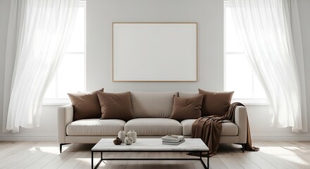 Fototapeta premium Modern living room with neutral sofa and cozy throws
