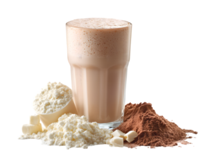 Chocolate Protein Drink: A glass of creamy, light brown chocolate protein drink, surrounded by ingredients, the healthy way to enjoy delicious chocolate
