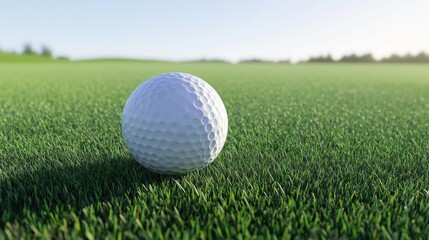 Fototapeta premium A white golf ball rests on a vibrant green fairway, bathed in the soft sunlight of a tranquil morning.