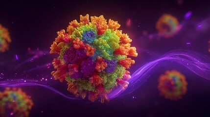 Fototapeta premium Colorful 3D illustration of a virus structure with intricate details and vibrant hues, surrounded by abstract waves, representing the complexity of microscopic organisms and their interactions