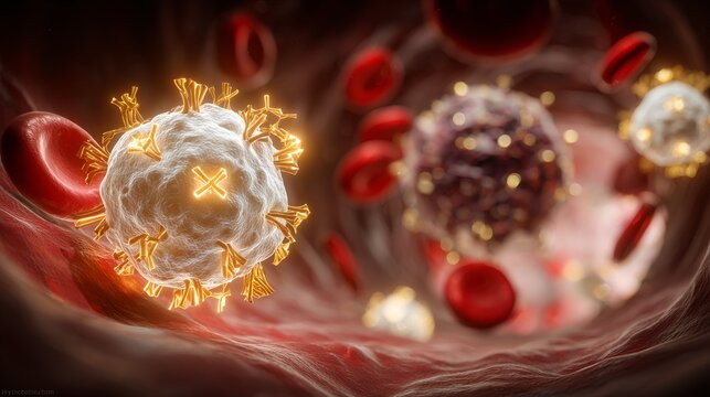 3D illustration of virus cells interacting with red blood cells in a human bloodstream, showcasing intricate details of cellular structures and biological processes
