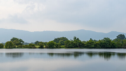 lake, forest and mountains