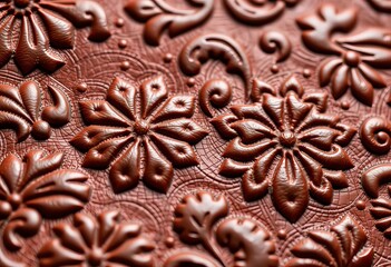 Intricate embossed floral pattern on rich brown leather, close-up texture,  nature,  vintage