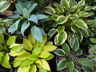 Assortment of colorful Hosta leaves in the garden