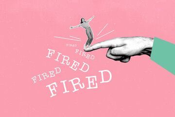 Trend artwork composite collage of young lady stand balance hand gesture finger point career...
